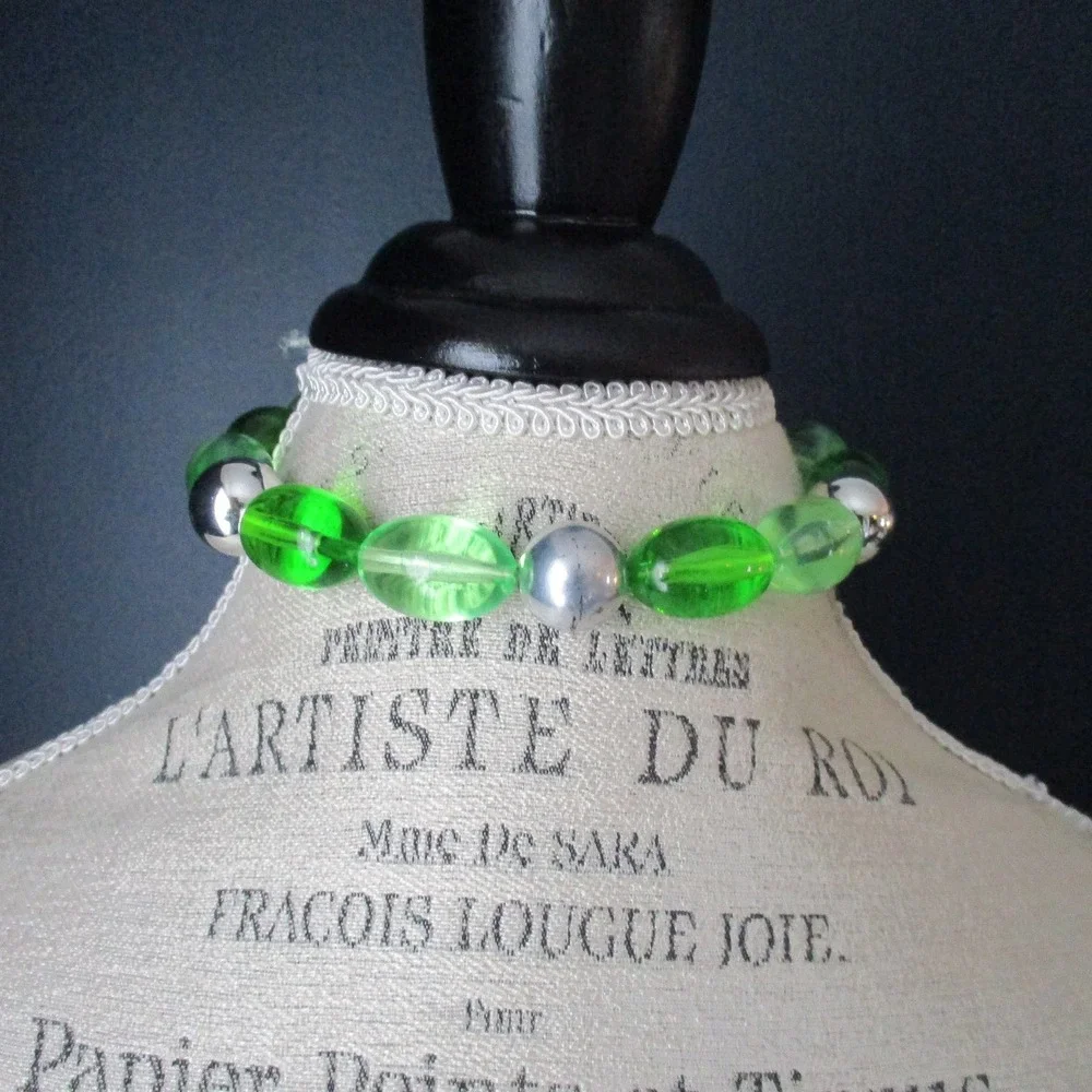 Vintage West Germany Lime Green and Silver Beaded Choker Necklace - Picture 1 of 10